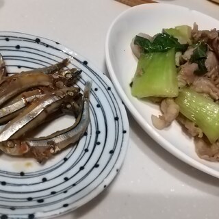 きびなご煮汁で豚チンゲン菜炒め